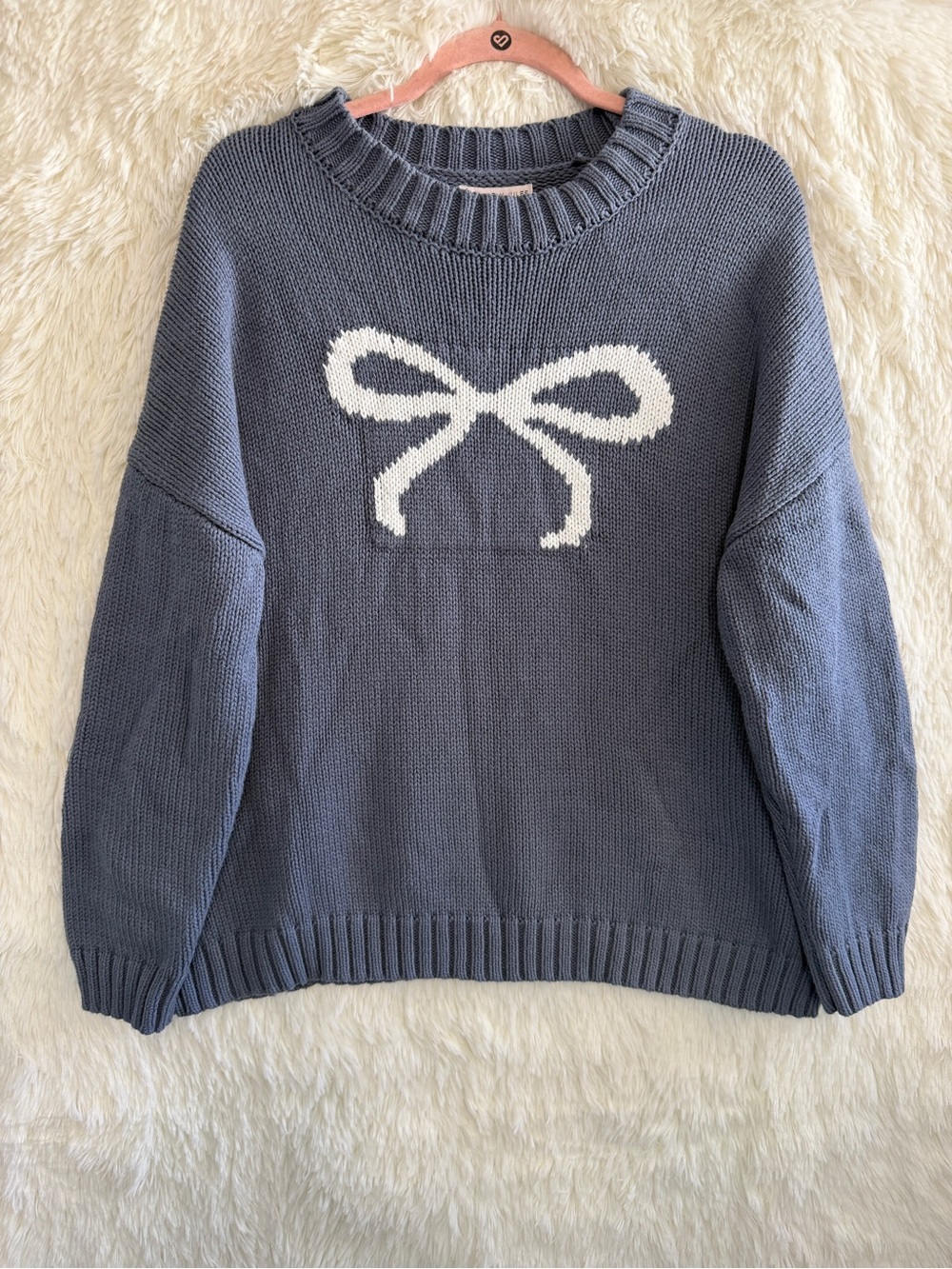Sincerely Jules Womens Bow Graphic Knit Sweater Size L Blue Coquette Oversized